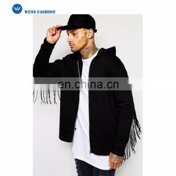 Hot Sale Stylish High Quality Custom Casual Style Men Black Zip-Up Hoodie With Fringe