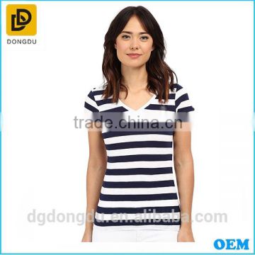 Summer T shirt Classic Design White and Black Stripe V-Neck Lady T-shirt