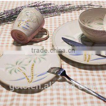 16pcs stoneware dinner set with reactive glaze and pad printing tree