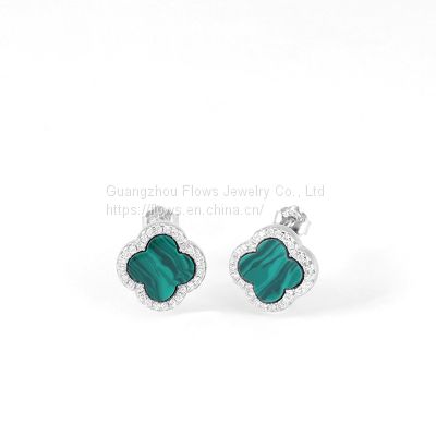 S925 sterling silver four-leaf clover earrings women's agate zircon earrings simple style earrings
