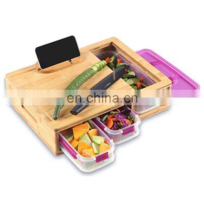 Extra Large 3 Trays Drawers Containers Trays Bamboo Cutting Board Set With Locking LID For Easy Storage And Transport