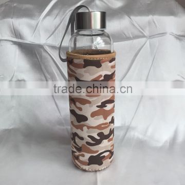 High Borosilicate Glass Water Bottle with camouflage printing neoprene Sleeve