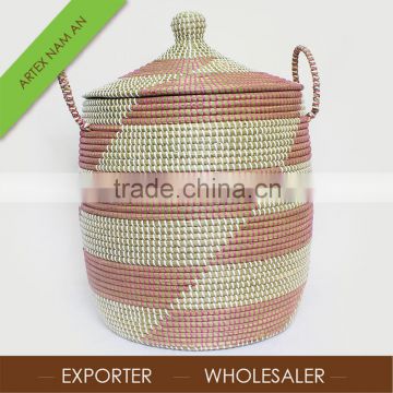 Large Natural and pink Seagrass Hamper basket / Seagrass Laundry Hamper / seagrass storage basket