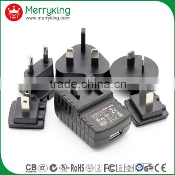 EU AU UK US plugs 5vdc 2a interchangeable usb charger 50hz 220v 1.5m round cable