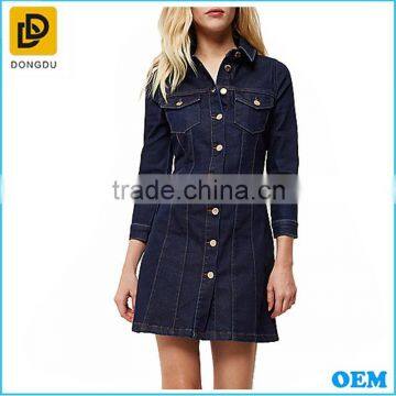 OEM Western Style Lady Long Sleeve Dark Blue Denim Button Up Thick Shift Cotton Winter Dress