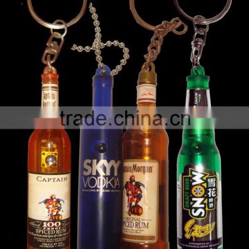 led keychain in bottle shape custom logo beer bottle key chain projection flashlight keyring