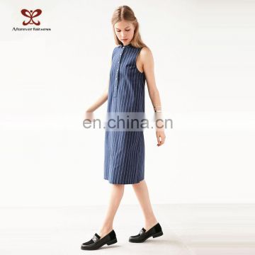 2016 Summer Fashion Navy New Model Girl Dress With Blue White Stripe Slit Sleevelree Cause Summer Dress