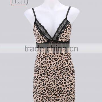 Wholesale nylon sexy leopard printing lingerie set ladies night gown lace trim same colour panty