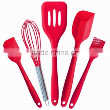 Home Kitchen Food Grade 5pc Set Red Grilling Barbecue Utensil Silicone Baking Tools