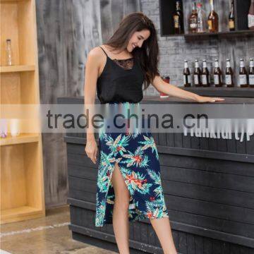 Summer chiffon midi floral sexy high slit skirt