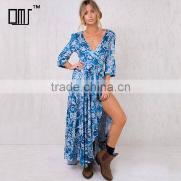 Paisley print long sleeve maxi wrap dress in blue for mature women