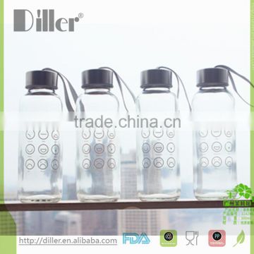 OEM private lable cartoon bottle with cap custom glass water bottle