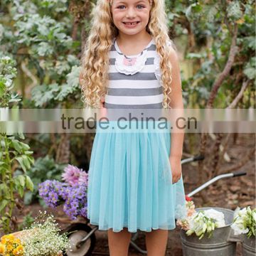 2016 summer boutique light blue chiffon dress grey ruffles lap dress girl white outfits