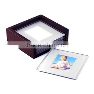Photo frame type crystal glass coaster photo insert with wood material base