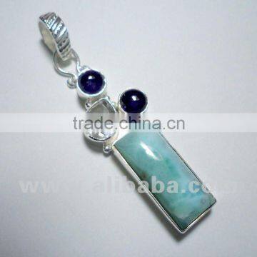 Larimar Amethyst & Crystal 925 Solid Sterling Silver Pendant, 925 Sterling Silver Gemstone Pendant, Druzy Gemstone Pendant