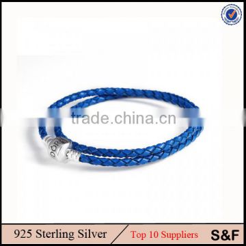 36CM Double Leather Bracelet 925 Sterling Silver Bracelet