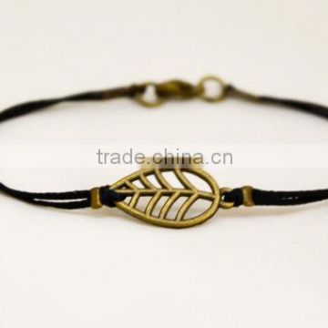 Leaf bracelet for men, men's bracelet jewelry, bronze leaf cutout charm with black cord gift bracelet