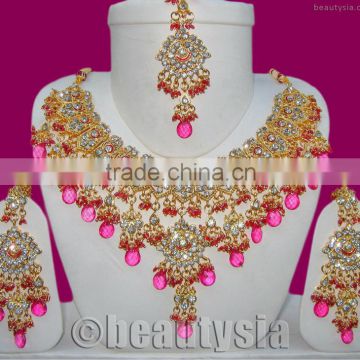 Party Wear Gold Tone Magenta CZ Necklace Set Traditional Bollywood Jewelry E23