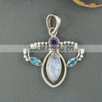 falak gems Rainbow Moonstone, Blue Topaz & Amethyst Pendant, Silver Jewelry, Bezel Set Designer Jewelry