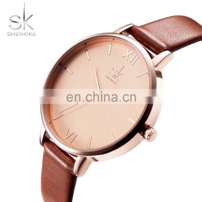SHENGKE Reloj Mujer Quartz Watchs 3ATM Water Resist Wristwatch Brown PU Strap Wacth Modest Luxury Womens Wacth K0039L