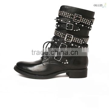 olzb21 latest design alibaba women's hot rivets studded cow skin made lace up three buckle black low heel boots