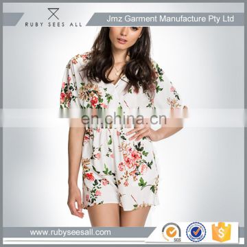 OEM wholesale casual sexy young ladies short jumpsuit with multi coloured floral print China factory