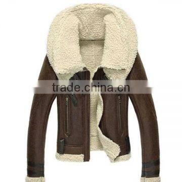 2014 brown lamb wool shearling women leather jacket with fur collar