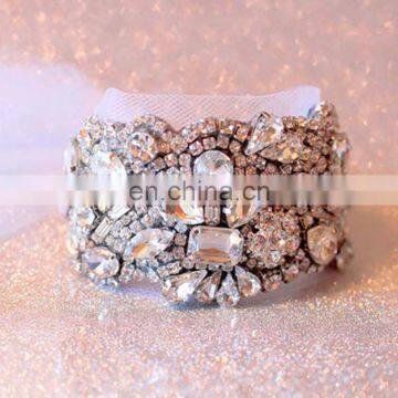Aidocrystal Handmade rhinestone and crystal tulle petite cuff bracelet with tulle tie for wedding