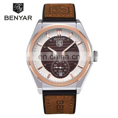 BENYAR 5125M Men Auto Date Leather Strap Watches Fashion Quartz Big Dial Round Shape Waterproof Wristwatch
