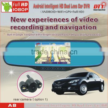 DTY car wireless reversing camera with rearview mirror,double camera hd dvr,4.3 inch lcd car dvr,A8