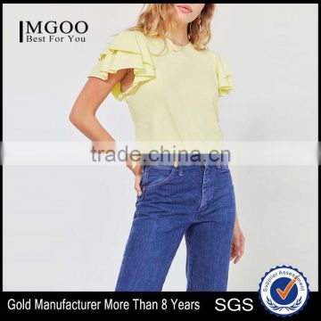 MGOO High Quality Bulk Blank Elegant T-shirts Lady Fitness Two-Layer Ruffle Sleeve T Shirt