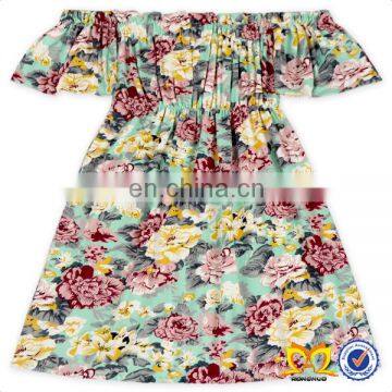 Dust Pink Flower Off Shoulder Dress Girls Printed Frock Designs Pattern Summer Dress