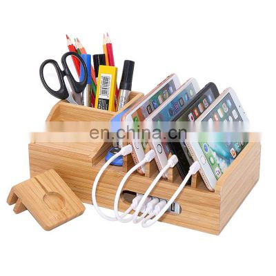Bamboo Charging Station Organizer for Multiple Devices Desktop Docking Stations Holder for Cell Phone Tablet