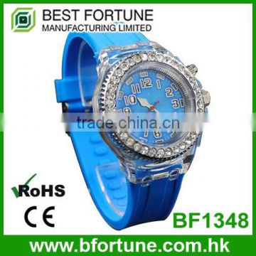 BF1348 LED flash 3 hands with Stone silicone strap quartz flashlight watch
