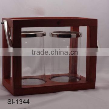 DOUBLE CANDLE WOODEN LANTERN WITH STEEL HANDLE
