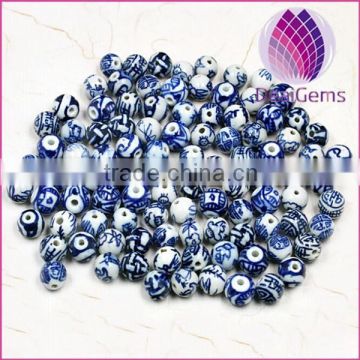 2015 whole sale artificial for DIY jewelry making Bead porcelain whiteand blue 6X14mm round 50pcs per bag