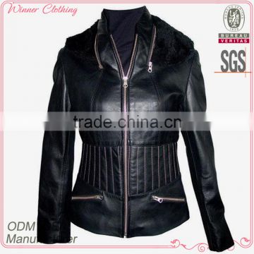 Top fashion cheap synthetic leather jacket women