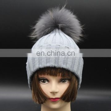 2015 New Arrival Wool Beanie Baby Girl Crochet Hat With Natural Raccoon Fur Pom Poms