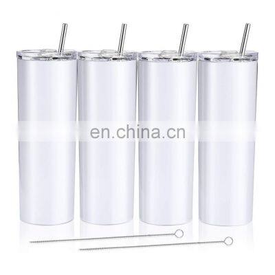 20oz Skinny White Straight, Sublimation Blanks Stainless Steel Tumblers With Metal Straws/