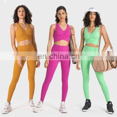 Women Sexy Anti-Bacterial Gym Fitness 2 Piece With Side Pockets Leggings Yoga Suit Set Sports Outfit Running Active Wear Clothes