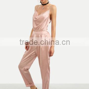 Bodysuits latest fashion design women clothing Pink Spaghetti Strap Cowl Neck Backless Jumpsuit