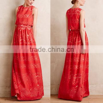 Fancy fashion popular red maxi sleeveless burn out dress
