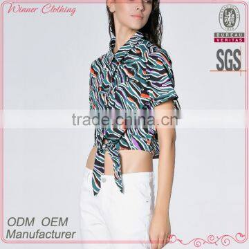 Custom OEM Service women all over printed swallow tail short sleeve lady blouse & top with stand collar