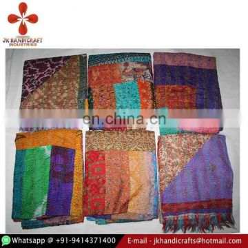 Multicolored Indian Old Vintage Silk Sari Kantha Work Reversible Neck Wrap Scarves