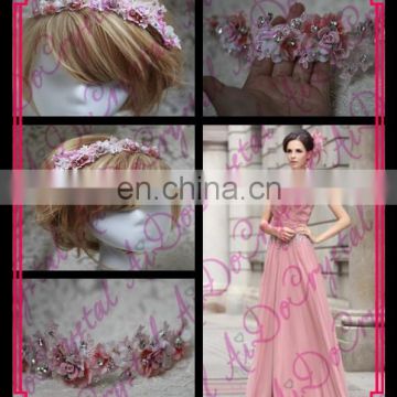 Aidocrystal light pink goddess Flower Crown, lace Hair Wreath headbands,elegance Wedding hair accessories