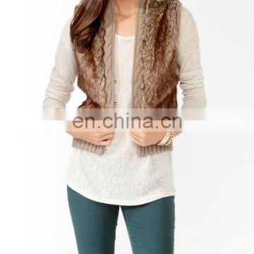 2015 women fashion dyed color rabbit fur & cable knit vest