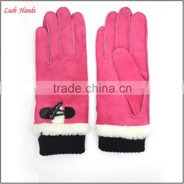 ladies and gril pink gift sheepsuede leather gloves with knit wrist lining polyester