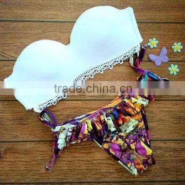 2015 hot sex bikini young girl swimwear white Lace Printed Flower Bikini