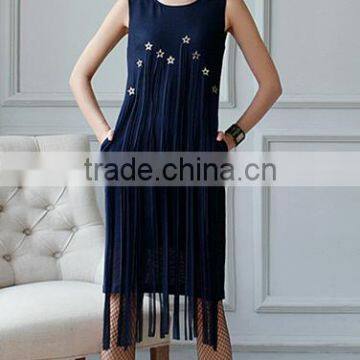 fashion clothing OEM star detailing sleeveless midi women tassels dress