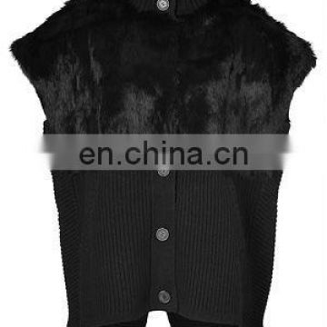 2015 women fashion black wool-blend /rabbit fur oversized vest